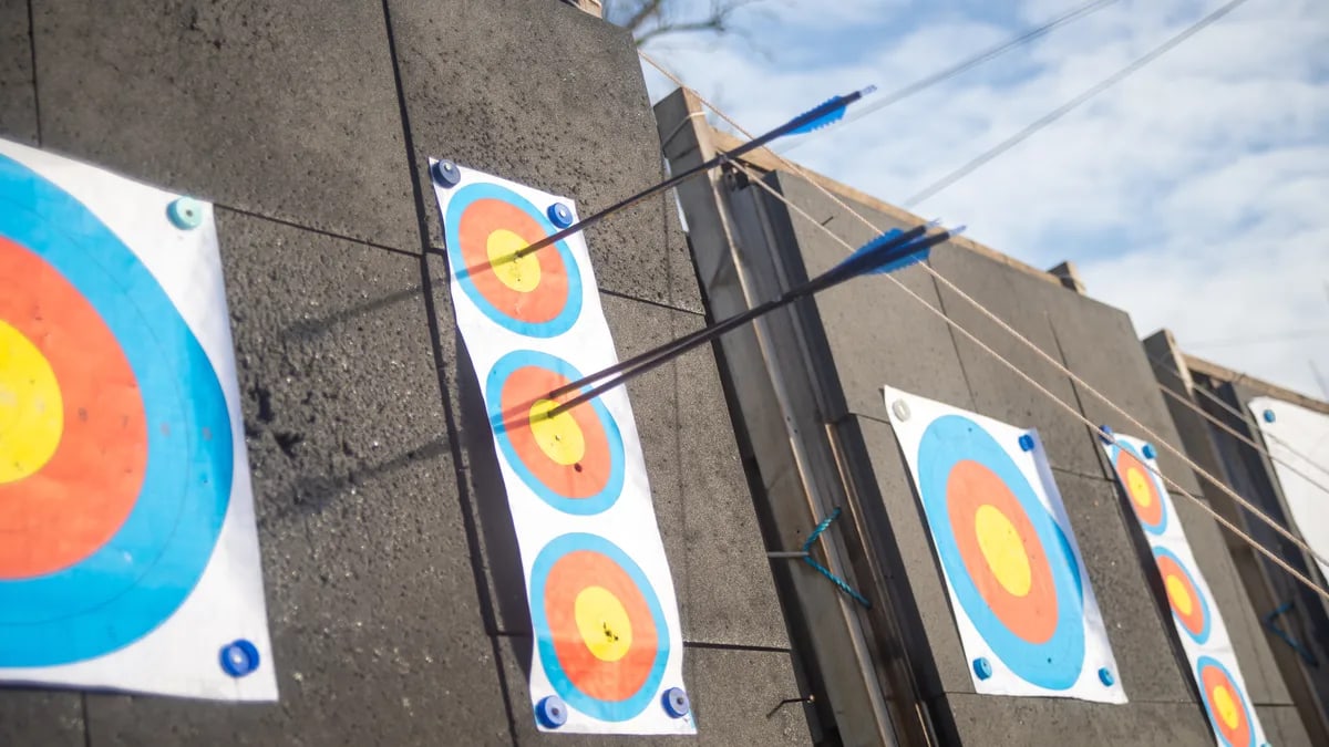 A detailed shot of arrows piercing through colorful archery targets on an outdoor range.